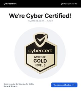 SMB1001 certification is a significant step in demonstrating commitment to cybersecurity and operational resilience. This certification is designed to align SMB's to a framework to benchmark a level of trust, compliance, and future-readiness in today’s digital economy. SMB1001 is a multi-tiered cybersecurity certification framework designed specifically for small and medium-sized businesses (SMBs). Unlike complex global standards such as ISO 27001, SMB1001 offers a practical, scalable, and cost-effective approach to improving cyber resilience. Total Technologies is a CyberCert Partner and can help secure your systems in alignment to SMB1001. Once you have your systems cyber-safe, we can help your organisation achieve Gold certification as well